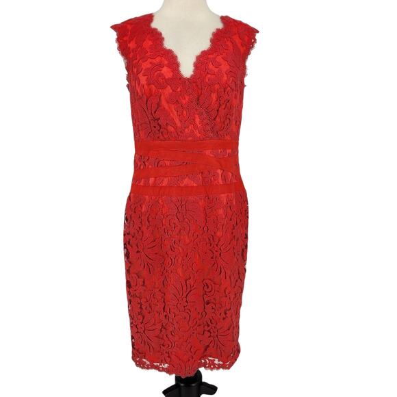 Tadashi Shoji Red Coral Chantilly Lace Sleeveless Sheath Cocktail Dress Size 8 - Picture 3 of 10